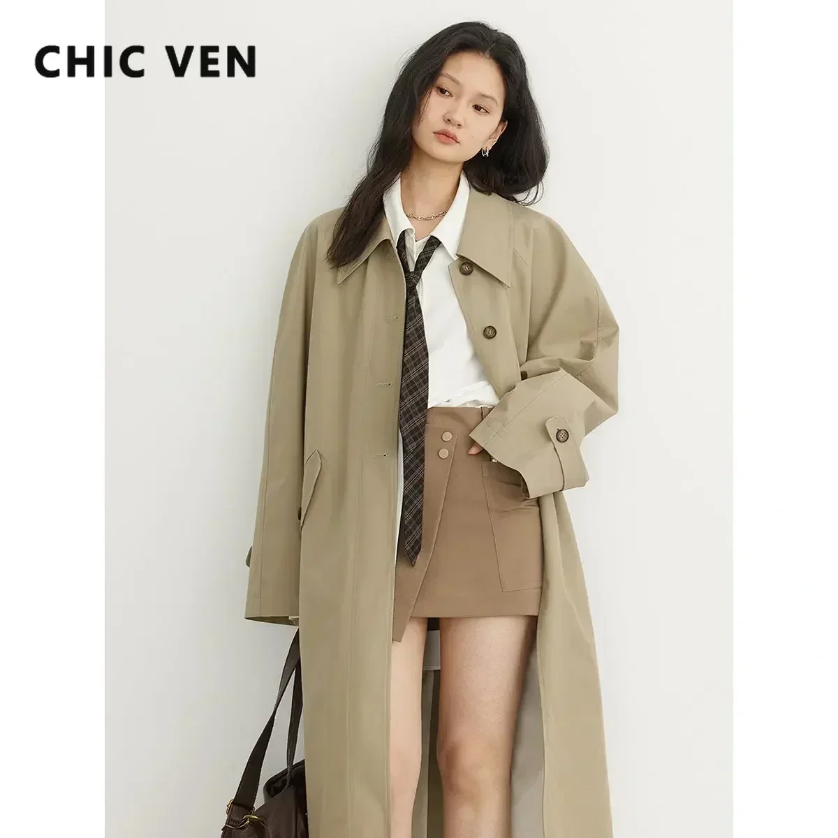 CHIC VEN Women's Long Trench Coat Casual Outerwear Loose Ladies Overcoat Single Breasted Female Windbreaker Spring Autumn 2023 6
