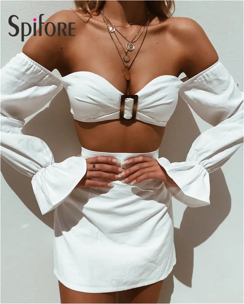 

Сексуальный женский комплект из двух предметов Spifore, короткий топ с открытыми плечами и длинным рукавом, мини-юбки, пляжная одежда, праздничная одежда для женского клуба