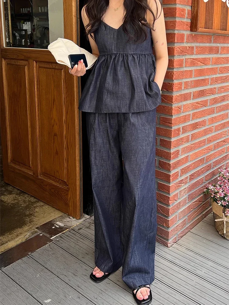 Korean Women's Denim Two-piece Set Retro Temperament V-neck Denim Cami +High Waist Wide Leg YK2 Casual Pants Trousers Set Women