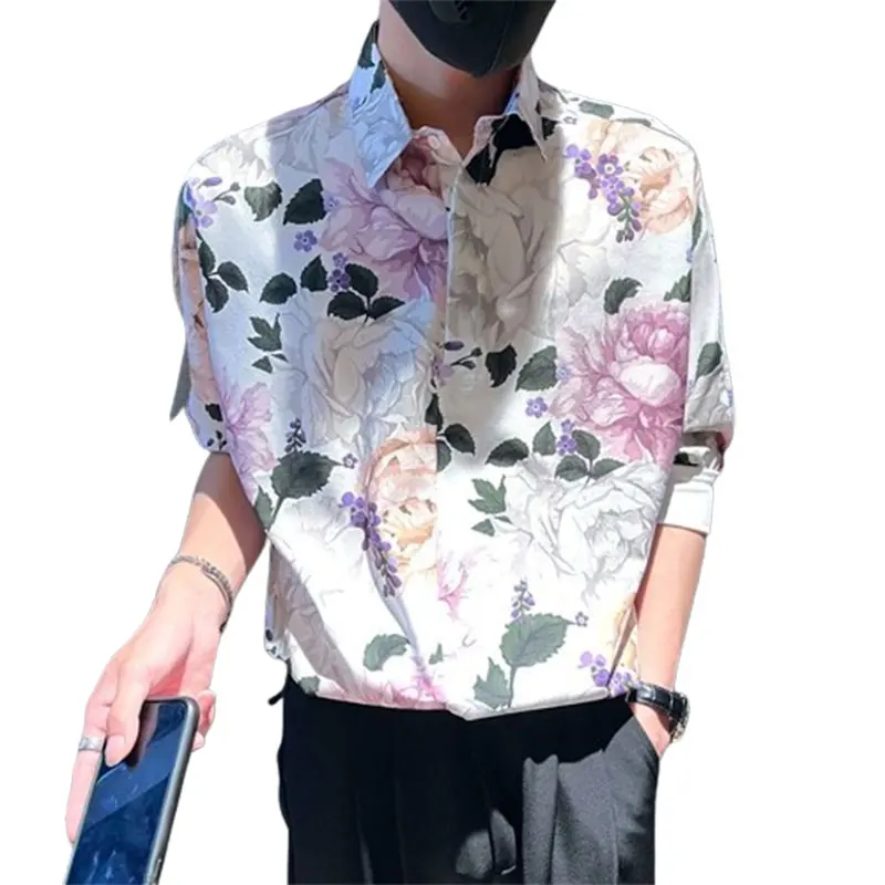 Elegant Fashion Harajuku Slim Fit Ropa Hombre Loose Casual All Match Outerwear Stand Collar Button Three Quarter Sleeve Blusa