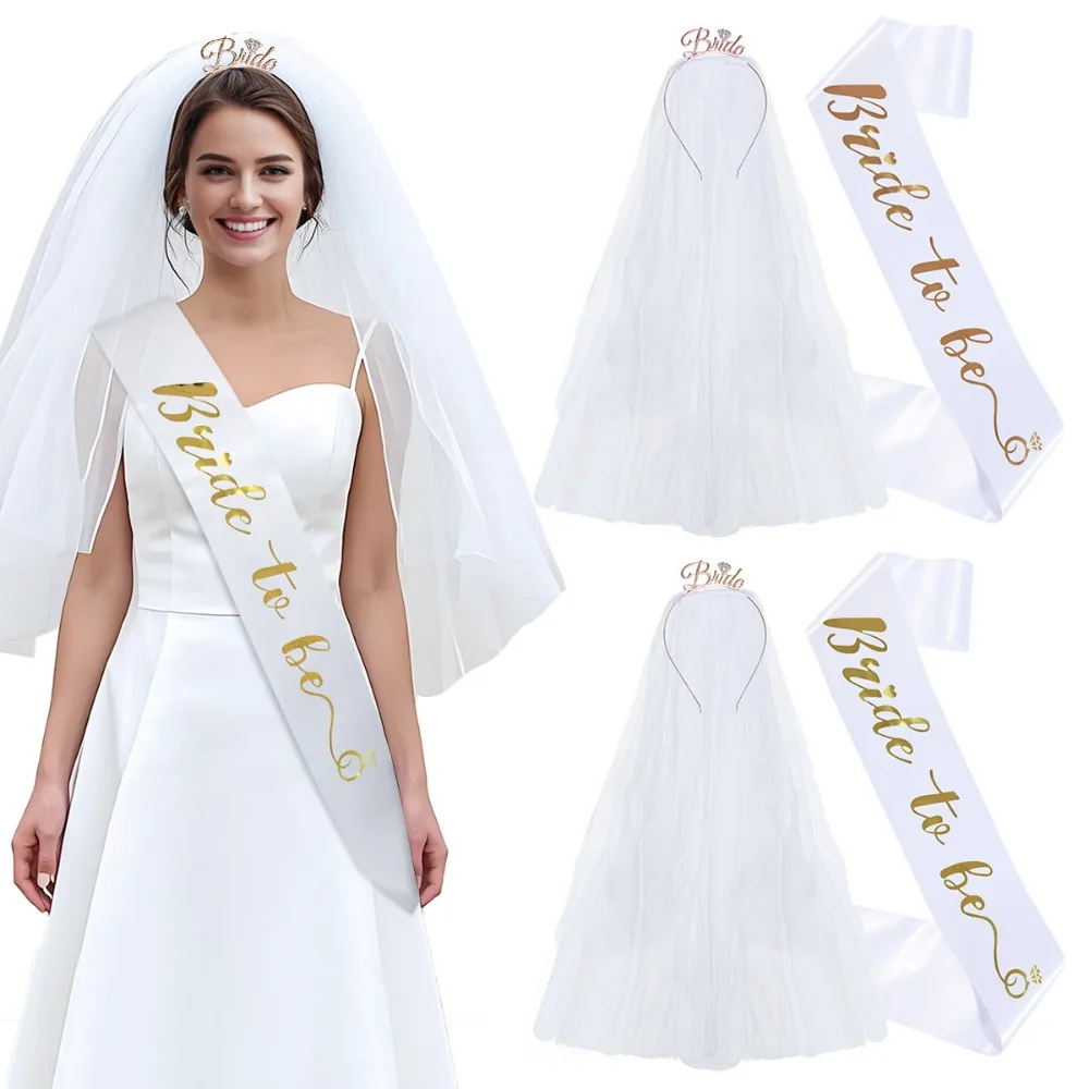 Set aus 3 Stück Bride To Be Schärpe, Tiara, Stirnband und Schleier für Brautparty, Hochzeit, Junggesellinnenabschied, Gastgeschenk, Dekorationen, Zubehör