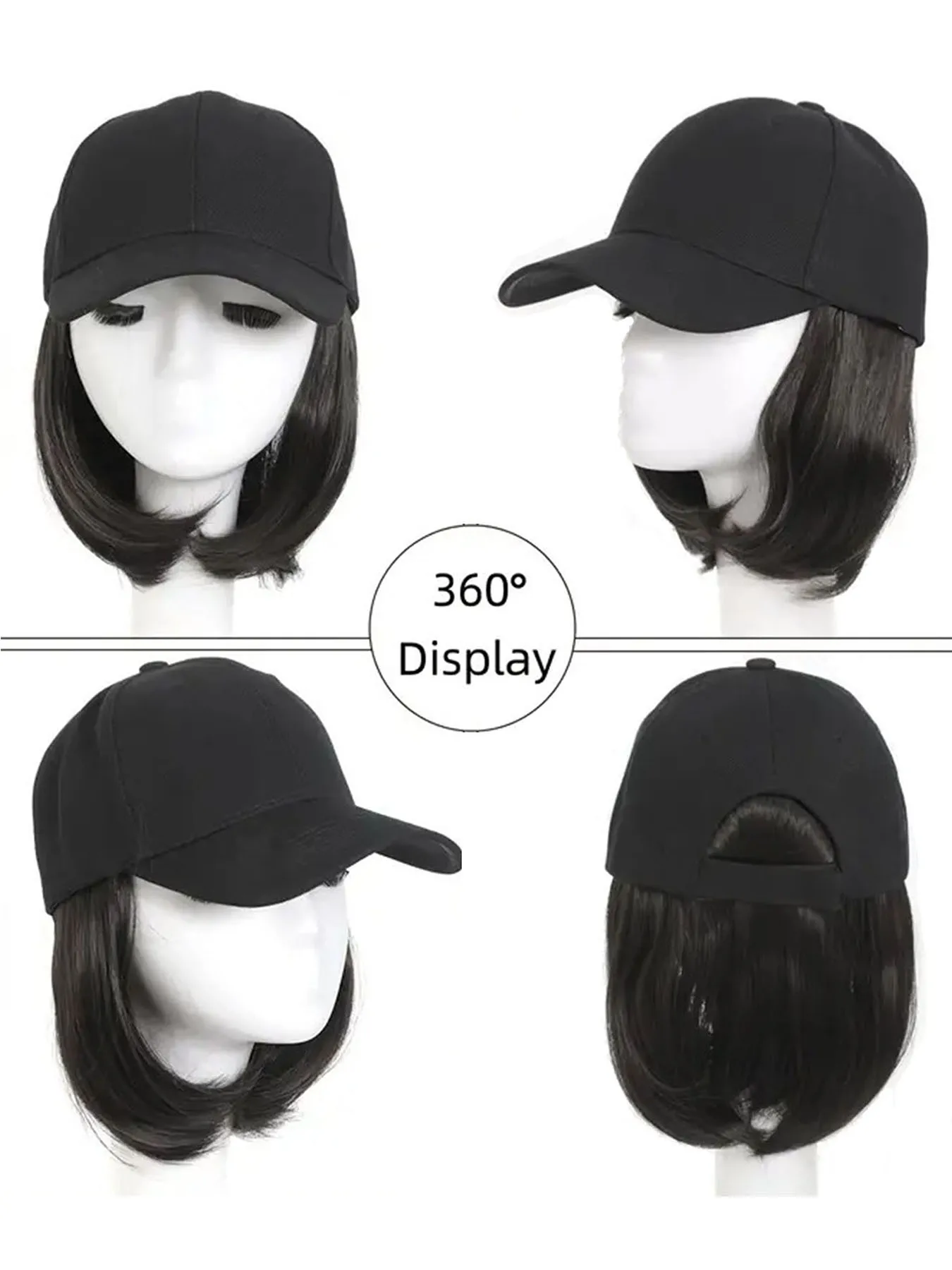 Hat Wigs Synthetic Short Bob Straight Wig With Black Baseball Cap Adjustable Hat Wigs Straight Hair Extensions For Women Fashion