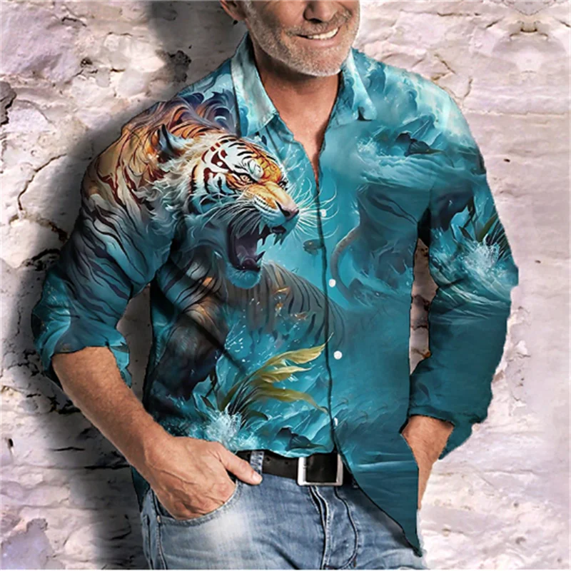 2024 Men's Fashion Shirt Lion Text Fireworks Casual Office Outdoor Soft Comfortable Sports Comfortable Plus Size