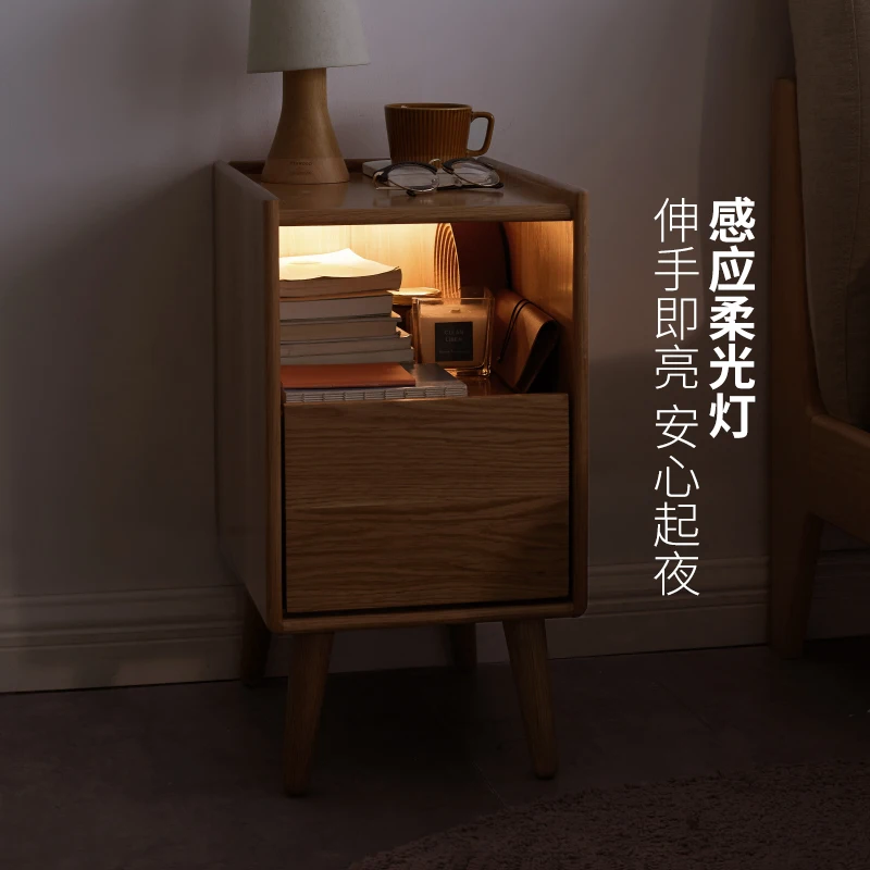 단단한 나무 초소형 침대 옆 테이블, 침실 오크 보관 캐비닛, 현대적이고 간단한 다기능 보관 캐비닛, 조명 포함