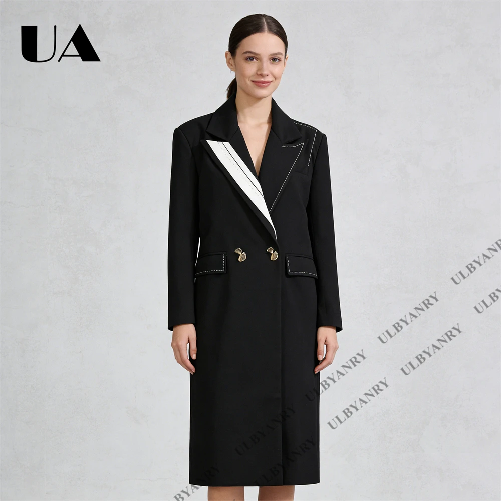 Women’s Black & White Contrast Longline Blazer, Double - Breasted Gold Buttons Slim Fit Jacket for Party Stage Cosplay