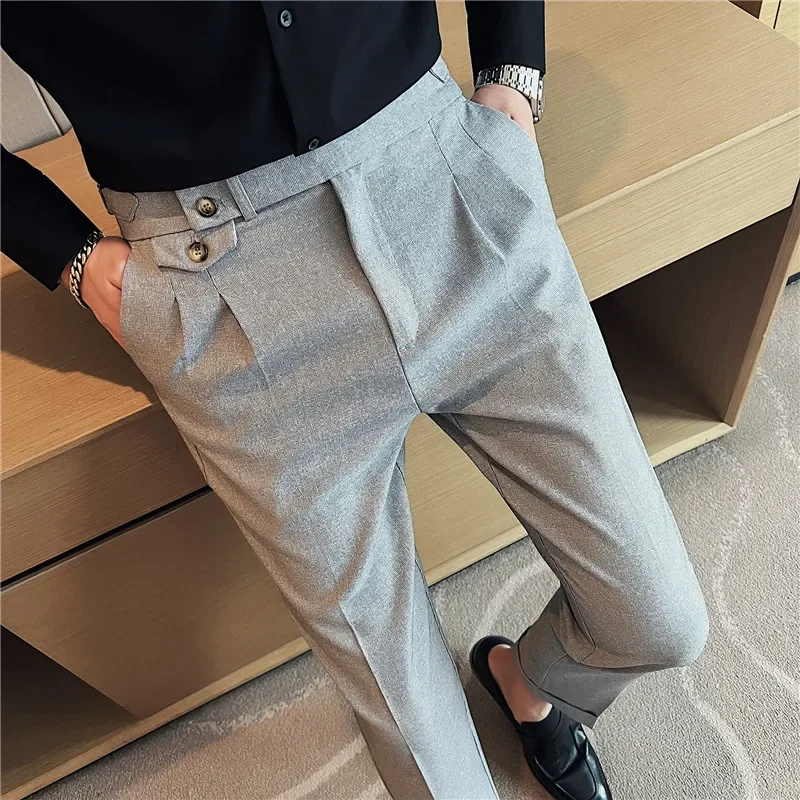 Men Pants Suit Pants British Style High Waist Dress Pants Autumn Casual Trousers Slim Fit Formal Men Clothing