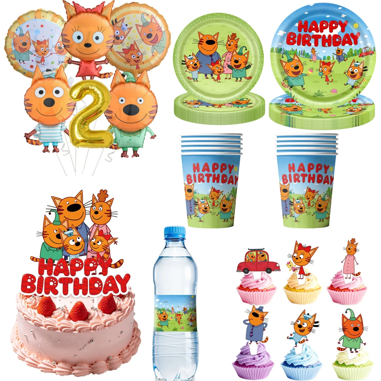 Three Little Kittens Birthday Party Decoration Set – Tableware, Tablecloth, Plates, Cups, Napkins, and Cake Decor