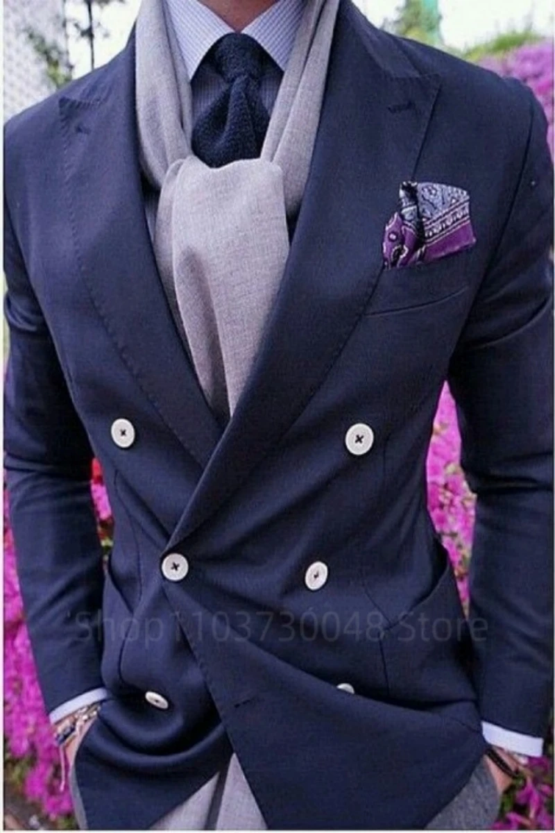 Navy Blue Men's Suit Blazer Prom Party Groom Tuxedos Peak Lapel Double Breasted Formal Bussiness Jacket for Wedding（Only Coat）