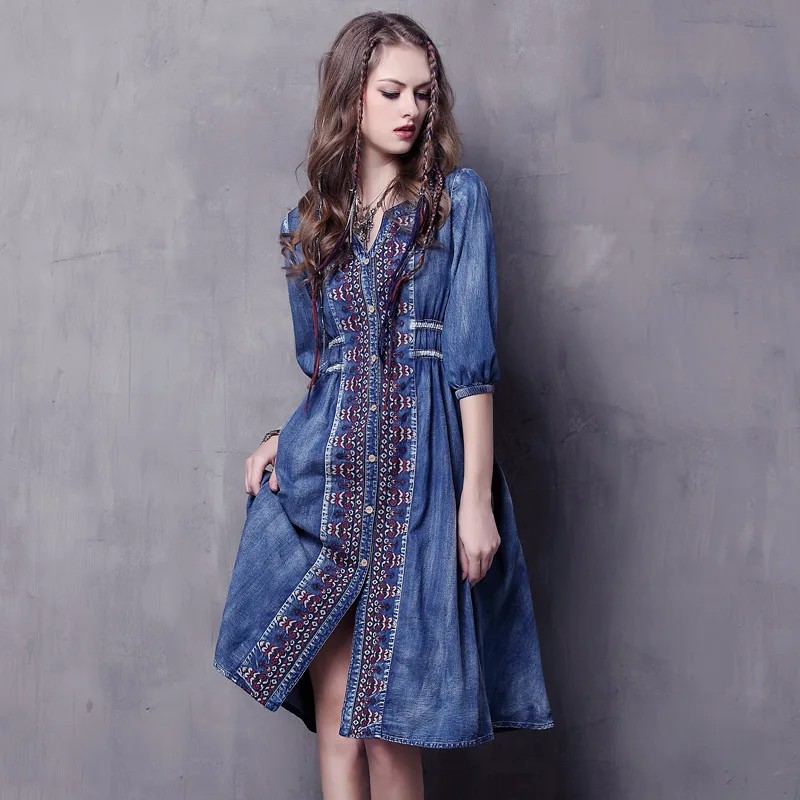 

2024 New Plus Size Dresses Vintage Bohemian Style Loose Denim Dress with Ethnic Embroidery and Drawstring Vestido 6531