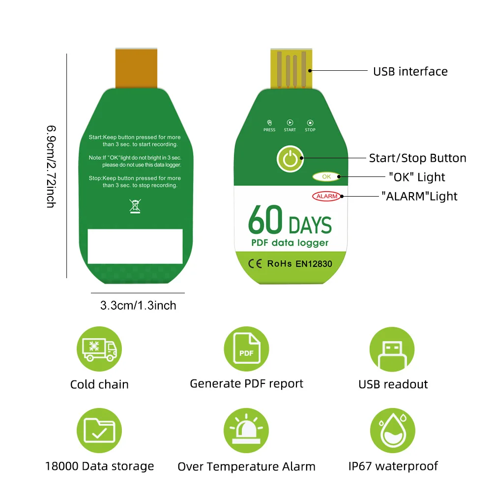 Mini USB Temperature Data Logger Disposable Thermometer Recorder 60/90/120 Days Temp Data Logger 18000 Point Capacity PDF Report