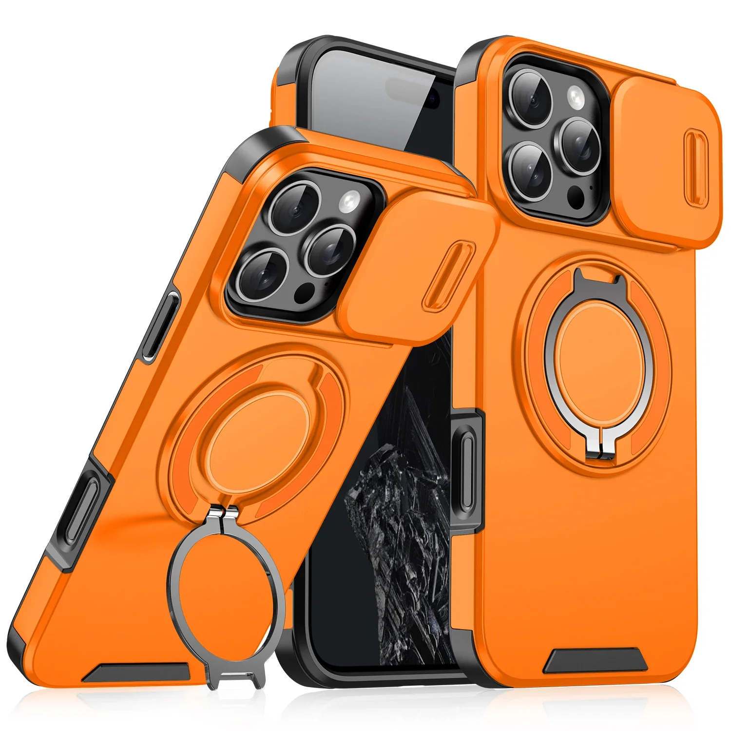 Csúsztatható kameralencse-védő tok iPhone 16 15 14 Plus 13 12 11 Pro Max 360 fokban forgatható mágneses gyűrűtartó borítóval Coque_voghion.com