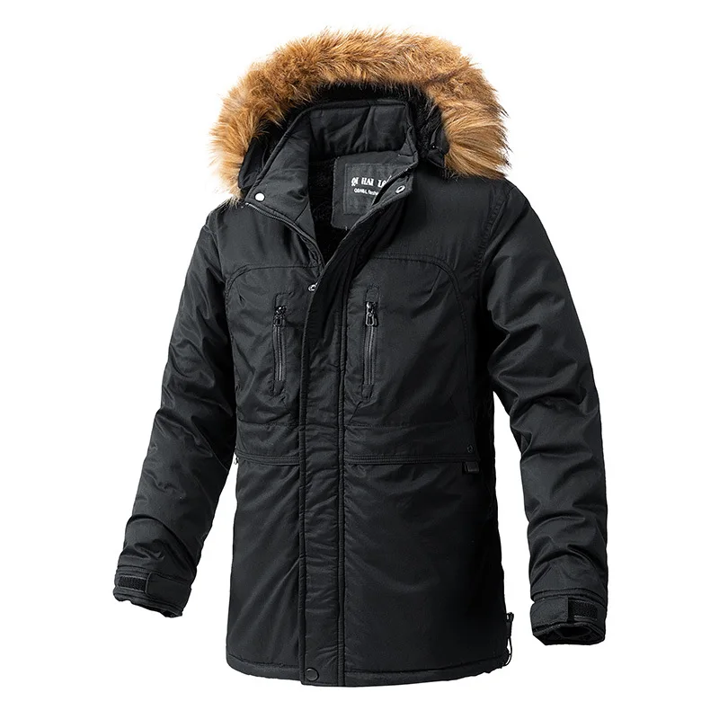 Men Warm Parkas Winter Fleece Thick Fur Collar Long Parka Jacket Men's Fashion Casual Windproof Detachable Hat Jackets Coat Male