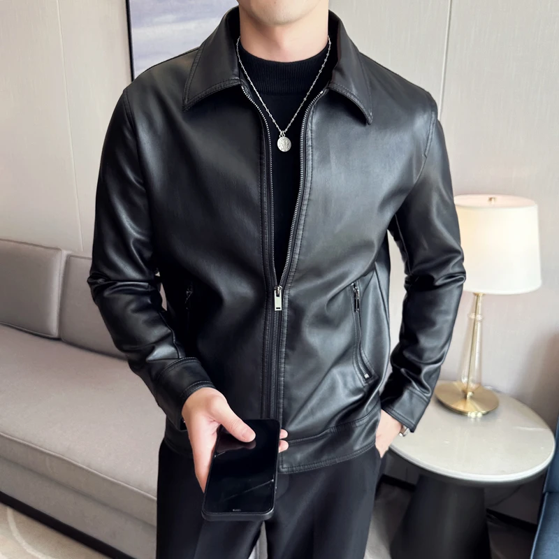 

2023 Autumn/winter New Men's Fashion Leather Jacket Motorcycle Leisure Bomber Jacket Black Lapel Casual Pu Leather Black Coat