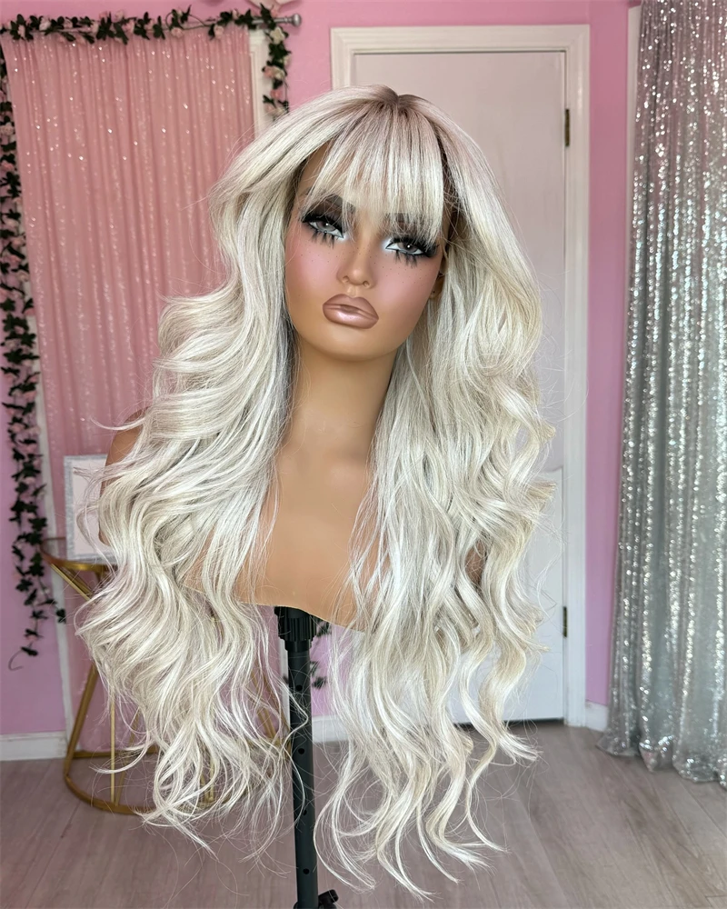 Synthetic Human Hair Wig Loose curly Ombre White Blonde with Short Roots Lace Top Wig with Bangs Women Synthetic Premium Fibre Heat Resistant Party Wig synthetic human hair wig