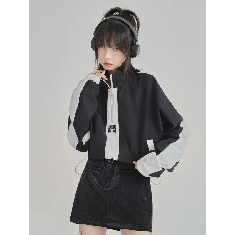 Spring and Autumn Korean Fashion Short Section Stand-up Collar Coat Women New Harajuku Loose Splicing Half-zipper Sports Jacket