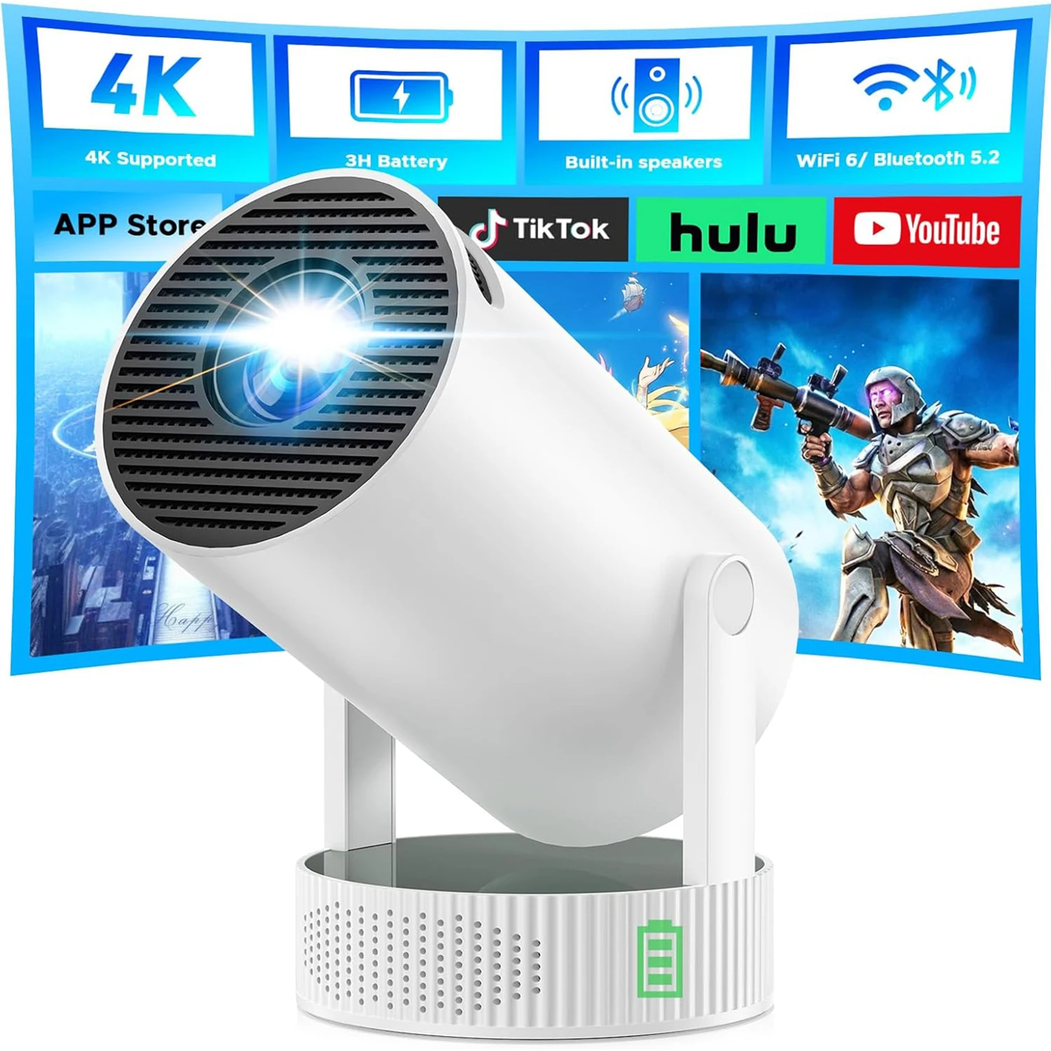 살랑에 HY300 프로 맥스 8K 스마트 프로젝터 내장 배터리 1280*720P 안드로이드14 8000 루멘 WiFi6 BT5.4 모바일 야외 홈 시네마