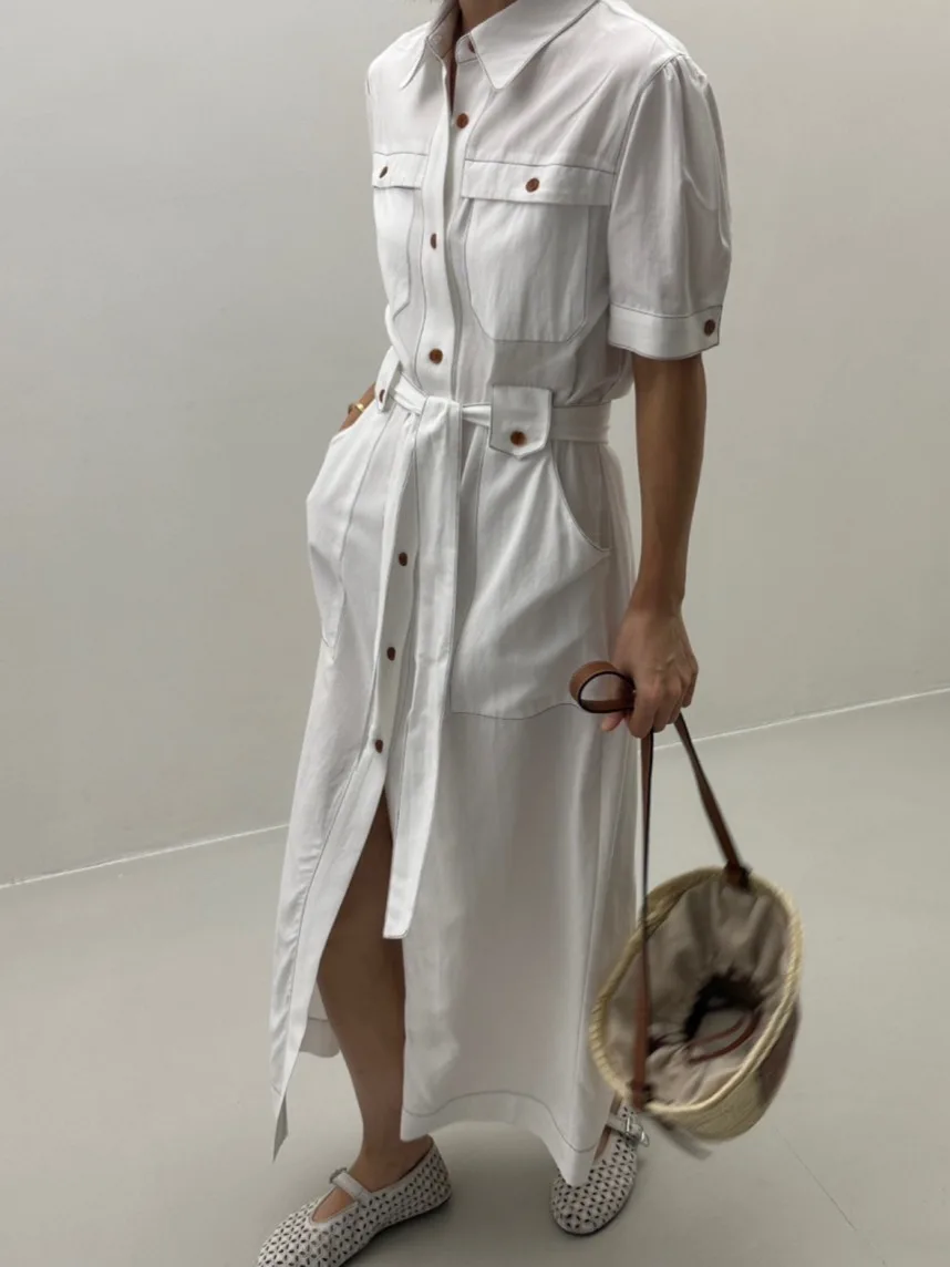 

SuperAen 2024 летнее Новое повседневное однобортное платье с коротким рукавом и поясом длинное платье-рубашка