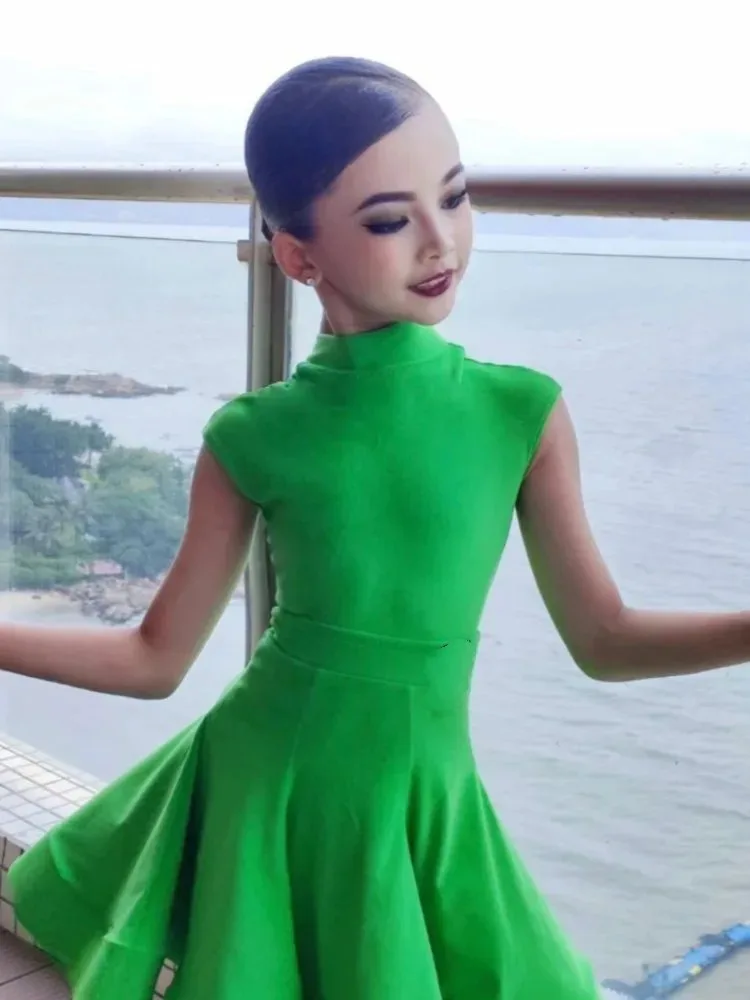 Dance Dress Green Ballroom Latin Short Sleeve Girls American Dance Rumba Cha Cha Samba Tango Costume Competition Practice Kids