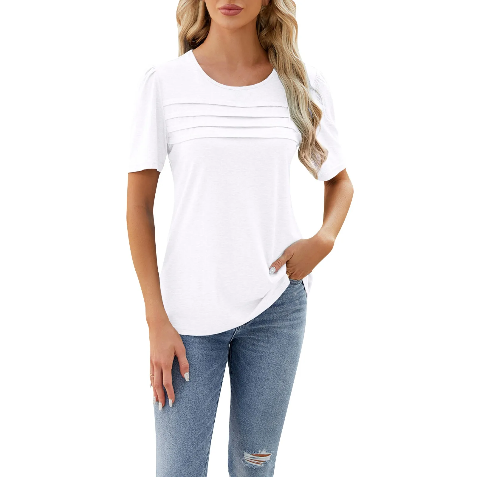 

Женская футболка с U-образным вырезом, модные однотонные плиссированные топы, свободная простая повседневная футболка с коротким рукавом, базовый универсальный стиль
