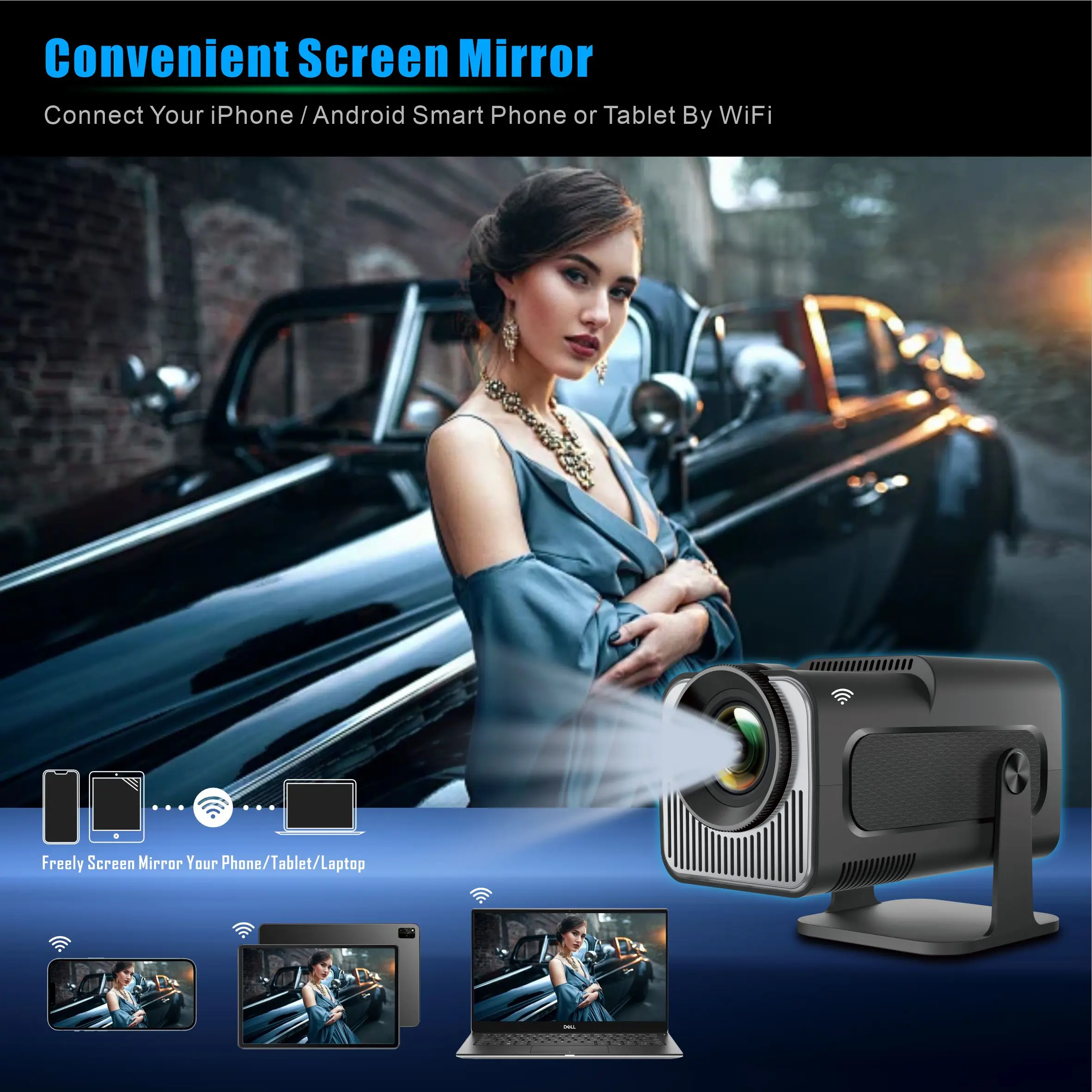 Portable Projector 4K Android11 300ANSI Mini Native 720P Wifi6 BT5.0 180&deg; Rotable For Outdoor Camping