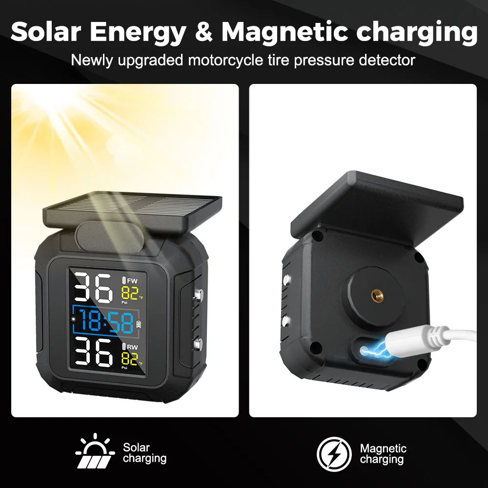 Solor USB Charge Motorrad TPMS Reifendruckkontrollsystem 2 externe Sensoren Reifentemperaturalarm LCD-Display – Detail 4