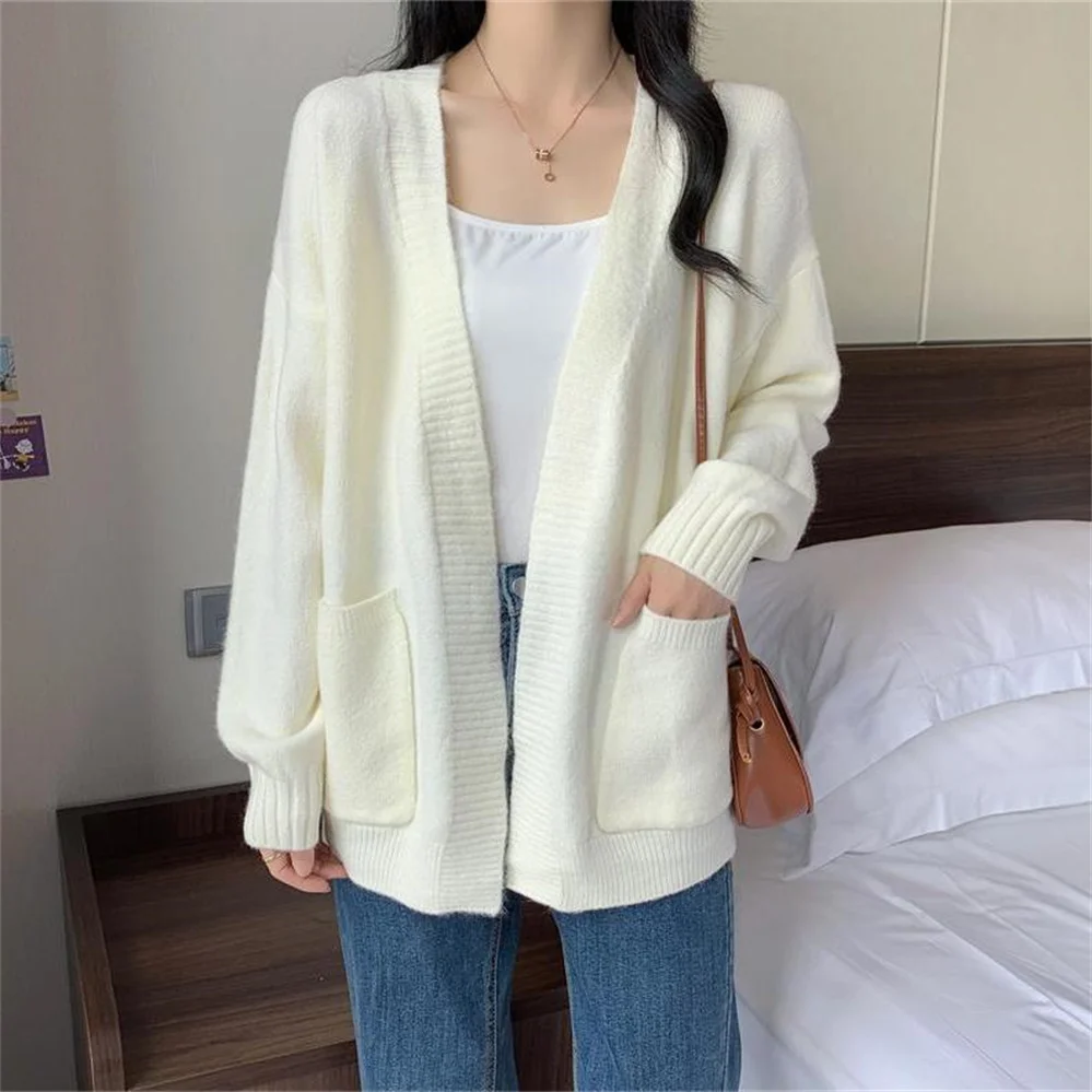 2023 캐주얼 루즈 브이넥 니트 가디건, 긴팔 니트 코트, 우아한 단색 상의, 한국 패션 신상