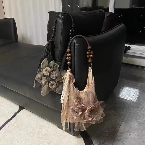 Chinese Style Rose Decor Shoulder Bags Fashion Commuter Tote Bags Classic Pleated Handbags High Quality Women Underarm Bags