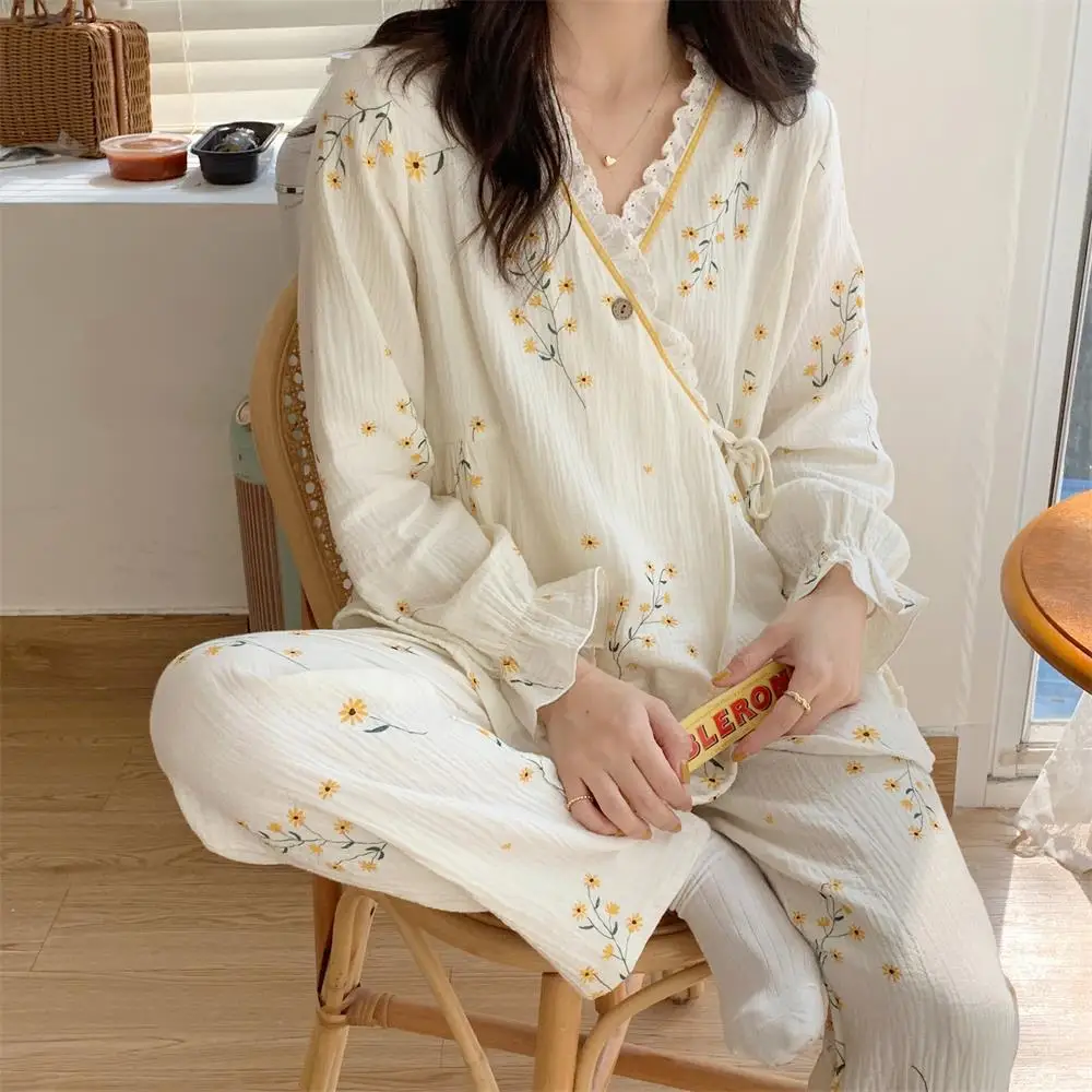 Puro algodão gaze maternidade pijama, amamentação roupas de enfermagem fina  respirável floral, primavera e verão roupas, novo