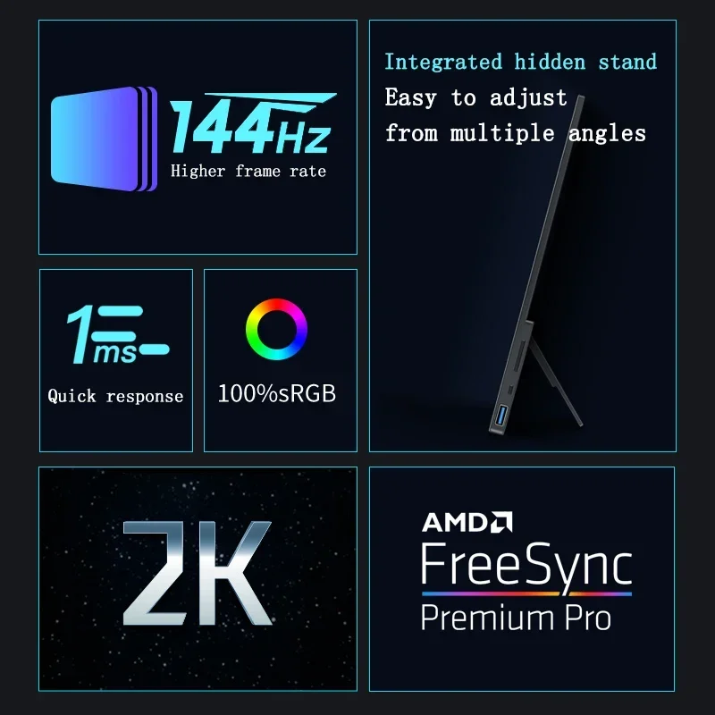 15.6 인치 2K 144hz 터치스크린 휴대용 모니터, 2560*1440 HDR 100% sRGB 프리싱크, 1ms IPS 스크린, 숨겨진 스탠드 게이밍 디스플레이