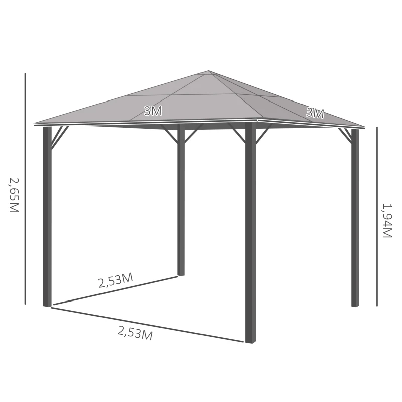 3x3m Pavillon mit Polycarbonat-Dach, Netzvorhängen, Aluminiumrahmen, Dunkelgrau – Detail 3