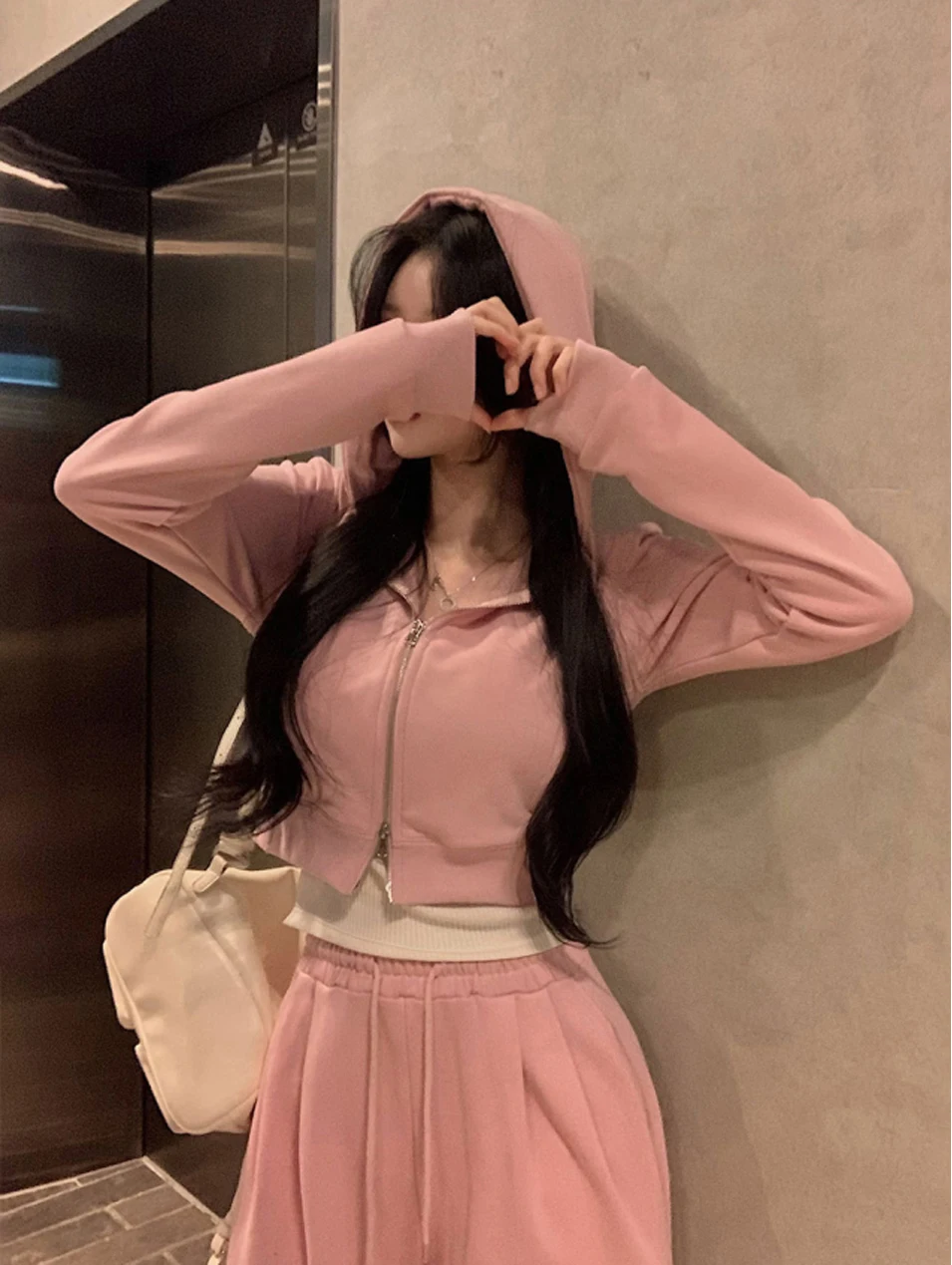 Korean Fashion Streetwear 2-piece Pants Set Women Tracksuit Autumn New Hooded Zip-up Crop Top Long Pants Casual Solid Outfits