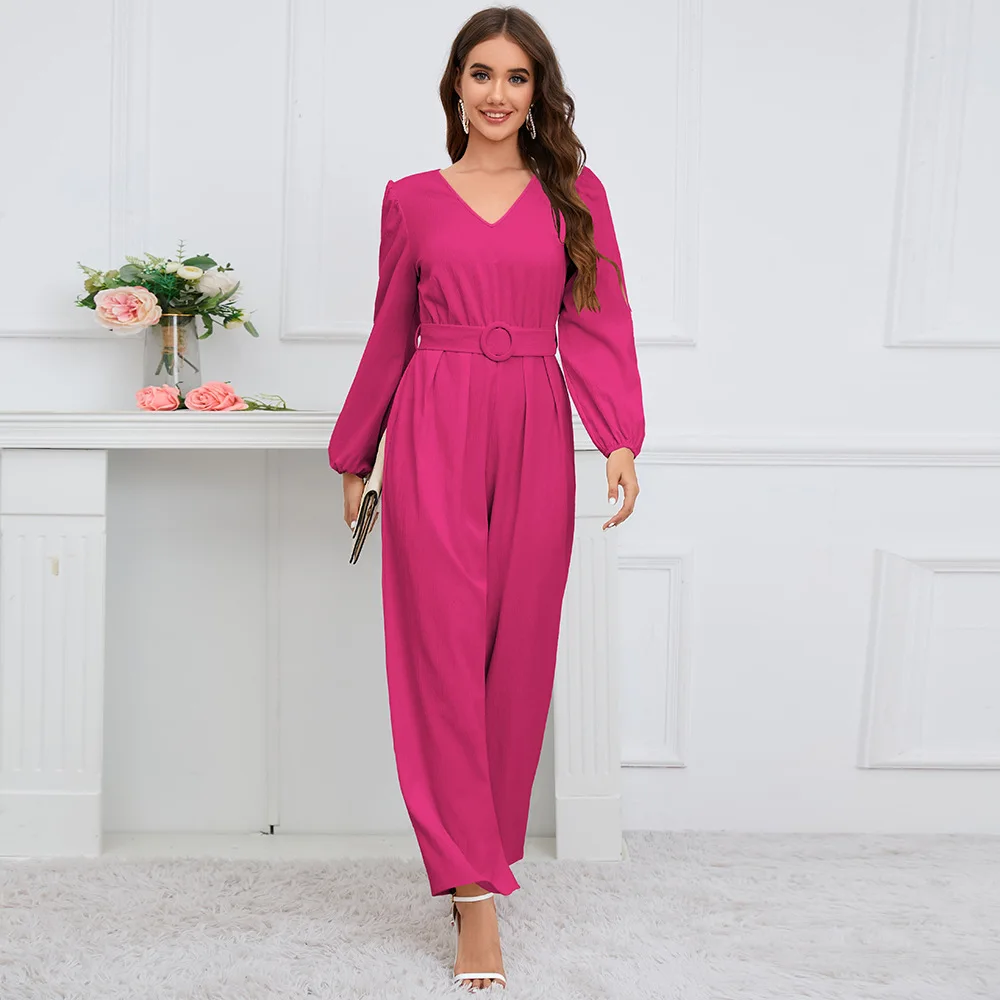 European and American Foreign Trade Casual Solid Color V-neck Long Sleeved Slim Fitting Temperament Straight Tube Long Pants