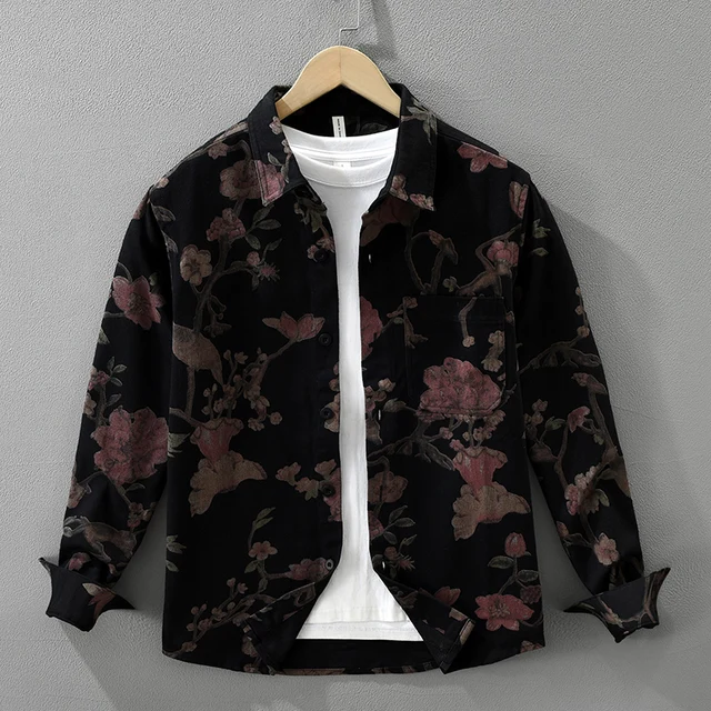 Chemise décontractée à imprimé Floral pour hommes, en coton, ample, à manches longues, en Denim Rose, à la mode, nouvelle collection automne 2025 1
