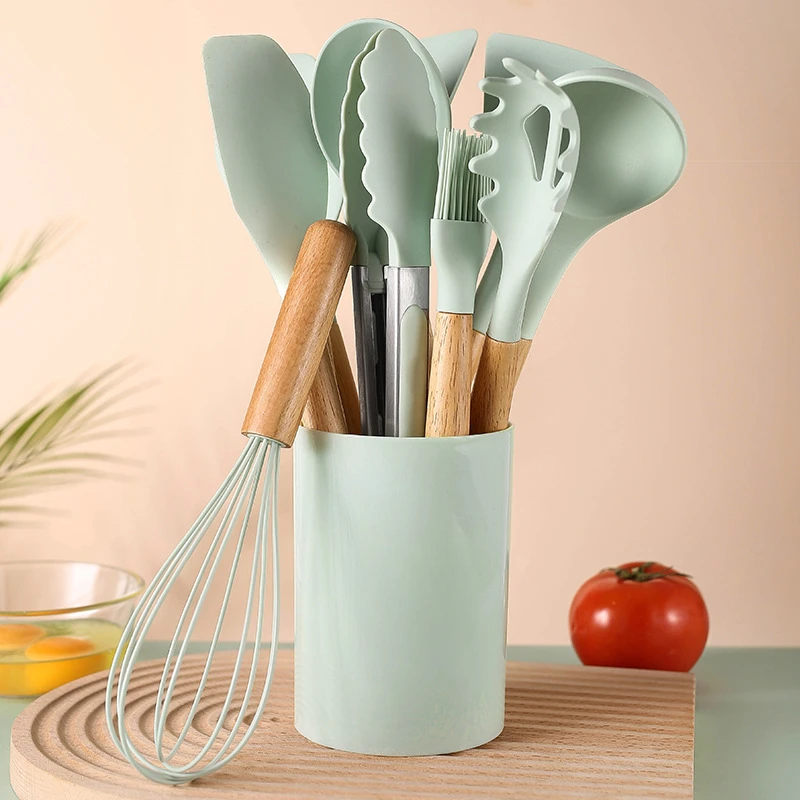 Premium Silicone Kitchen Utensils Set with Wood Handle and Storage Bucket - 12 Piece Collection