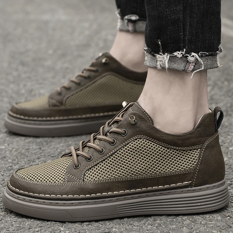 

Summer Hollow Men's Leather Casual Shoes Breathable High Top+6cm Elevator Shoes Outdoor Anti-skid Sports Shoes Oxford Shoe