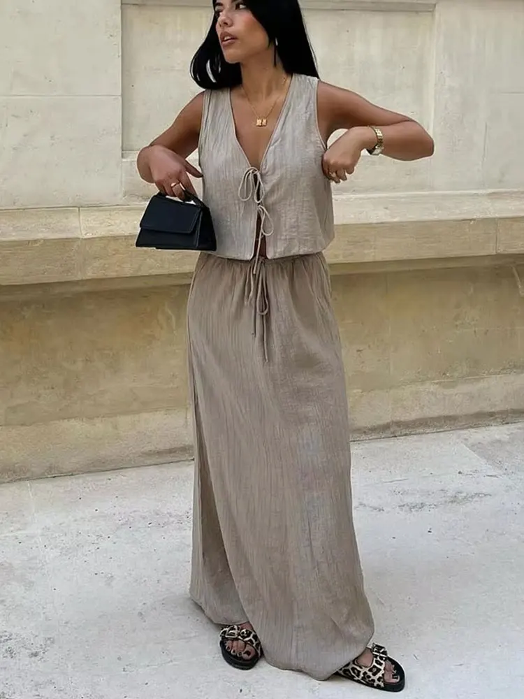 HH Women Casual Loose Midi Skirts Elegant Solid Drawstring A-Line Skirt 2024 Summer Female Fashion Streetwear