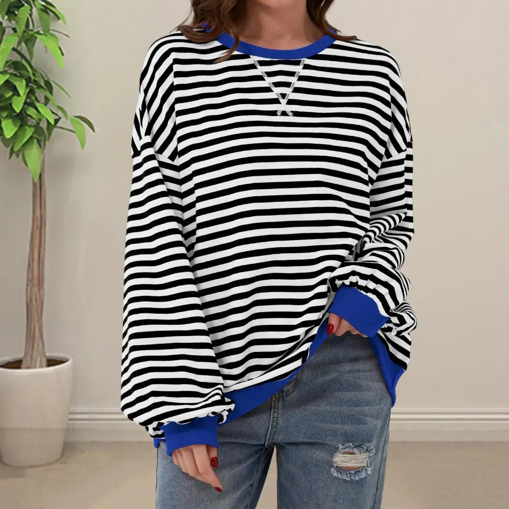 Women T-shirt Chic Women's Oversized Striped Color Block Crew Neck T-shirt Collection Casual Streetwear Loose Fit Pullovers Long