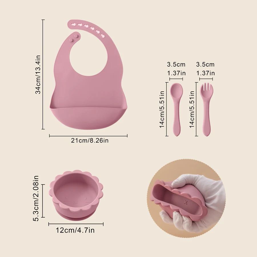 4PCS Baby Silicone Tableware Set Soft Spoon Fork Waterproof Baby Bibs Cartoon Lion Shape Bowl Portable Baby Dinner Set 6