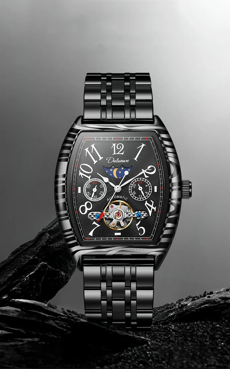 Top-Marke Luxus Tourbillon Mechanische Uhr Für Männer Mode Schwarz Stahl Wasserdicht Mondphasen Automatische Uhr Reloj Hombre_voghion.com
