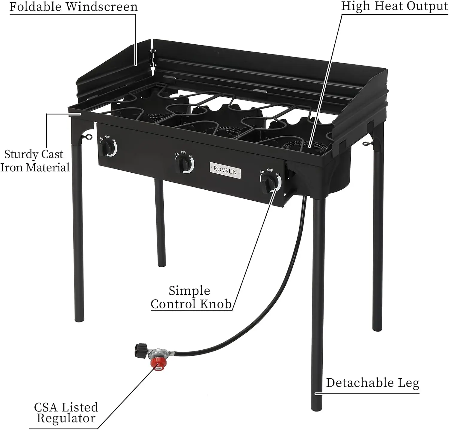 3-Burner Outdoor Portable Propane Burner Stove 225,000-BTU Gas Cooker with Windscreen & Carrying Bag, Heavy Duty Iron Cas 2