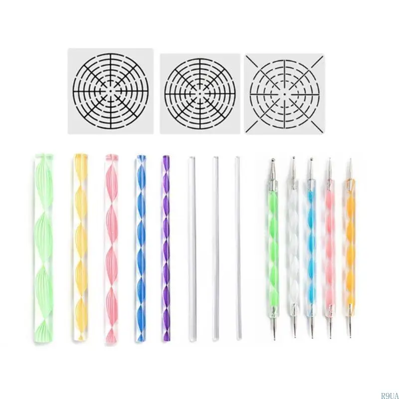 R9UA 16pcs 스톤 만다라 도트 도구 페인팅 락 스톤 펜 엠보싱 스타터 드로잉 스텐실 템플릿 브러시 트레이 키트