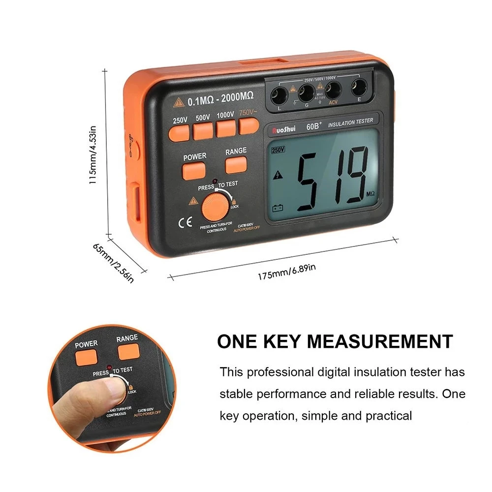 Voltage Tester Resistance Tester RuoShui 60B+ Digital Insulation Resistance Tester 1000V Test DC AC 2000m Ohm High Voltage Short Circuit Input Alarm VC60B