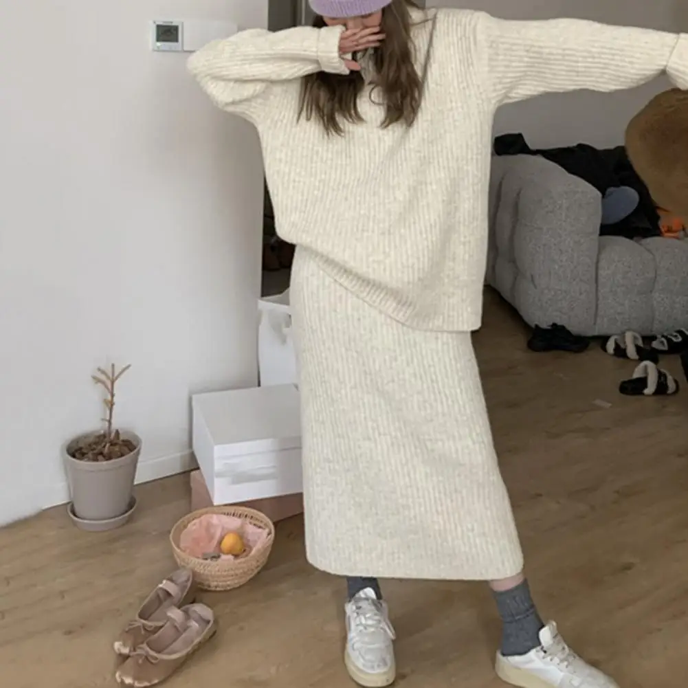 

2 Pcs/Set Women Sweater Skirt Suit Knitted Warm Solid Color Loose Elastic Long Sleeve Round Neck Cozy Winter Skirt Sweater Set