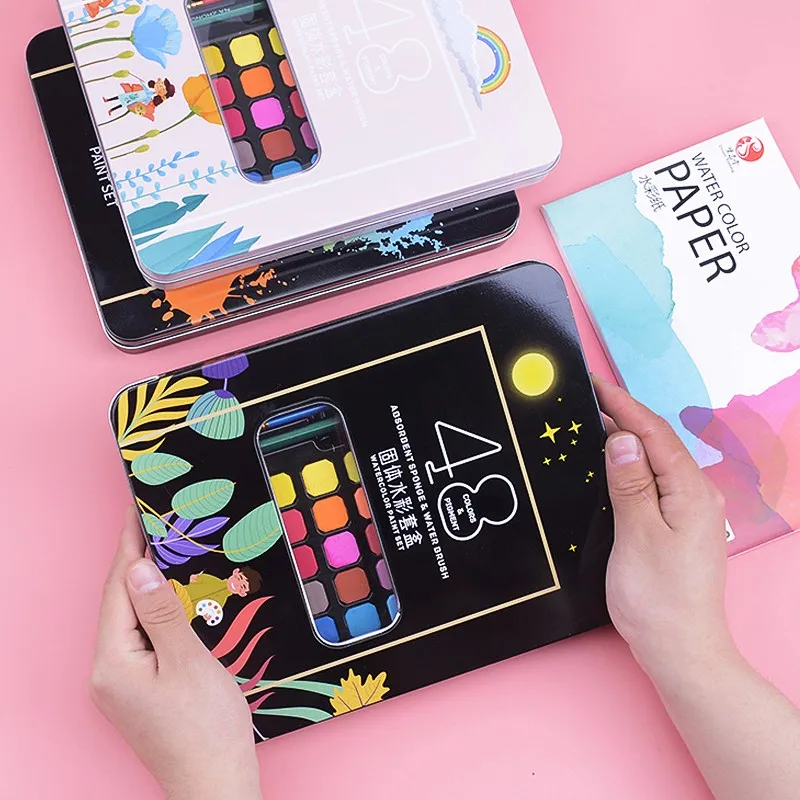 Watercolor Painting Set Solid 48 Colors with Brush&Paper Pigmentation Kids Artists School Art Supplies