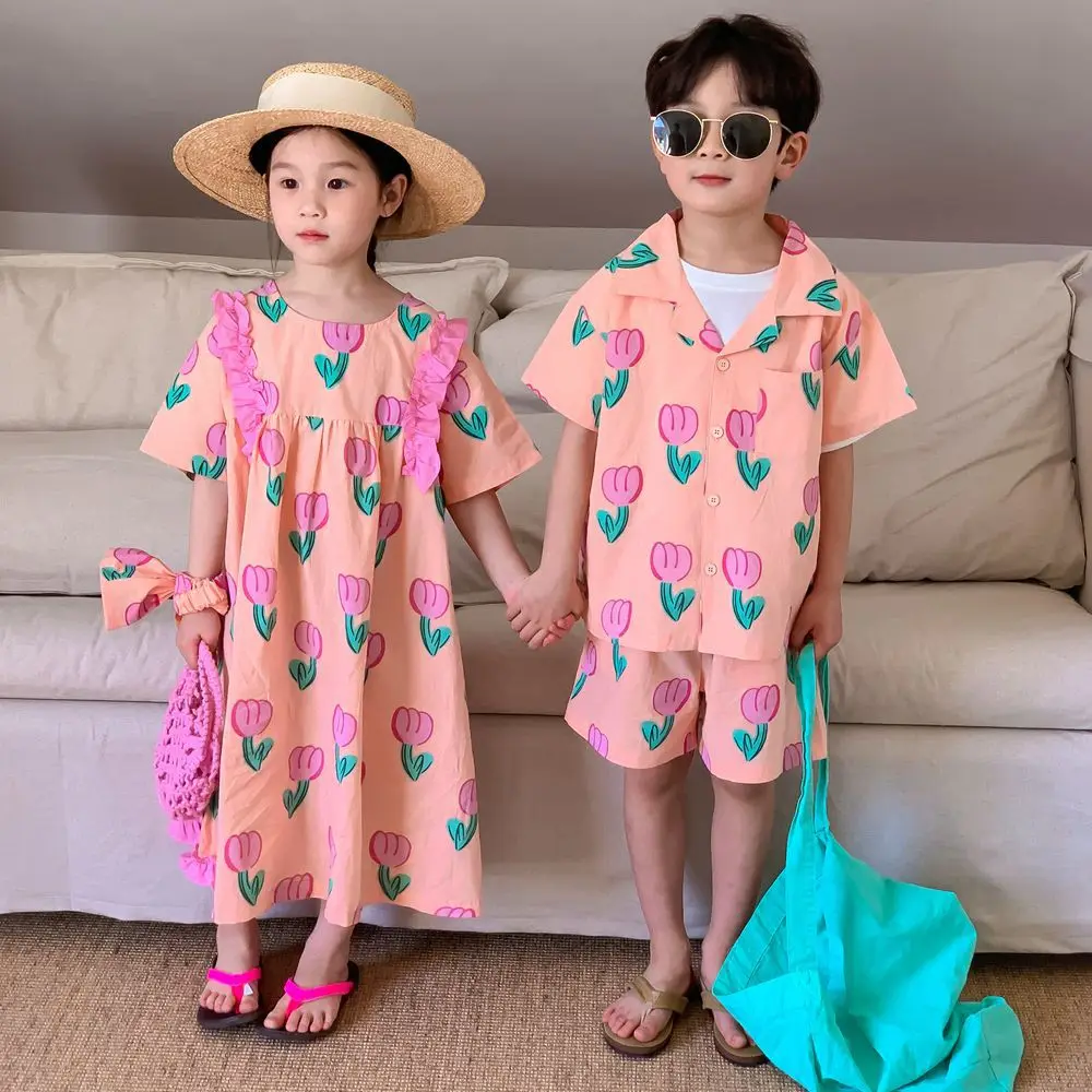 

Brother and Sister Clothes 2023 Summer Full Printed Tulip Lace Sweet Dress Or Boy's Two Piece Suit Shirt+Short