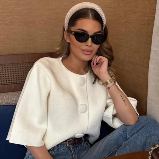 HXAO Women's Cropped Knit Cardigan Summer 2026 Elegant Off White Button O-Neck Short Sleeve Tops For Woman Resort Bolero Sweater 4