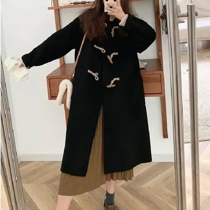 Streetwear Horn Buckle Woolen Trench Coat for Women Fashion Turn