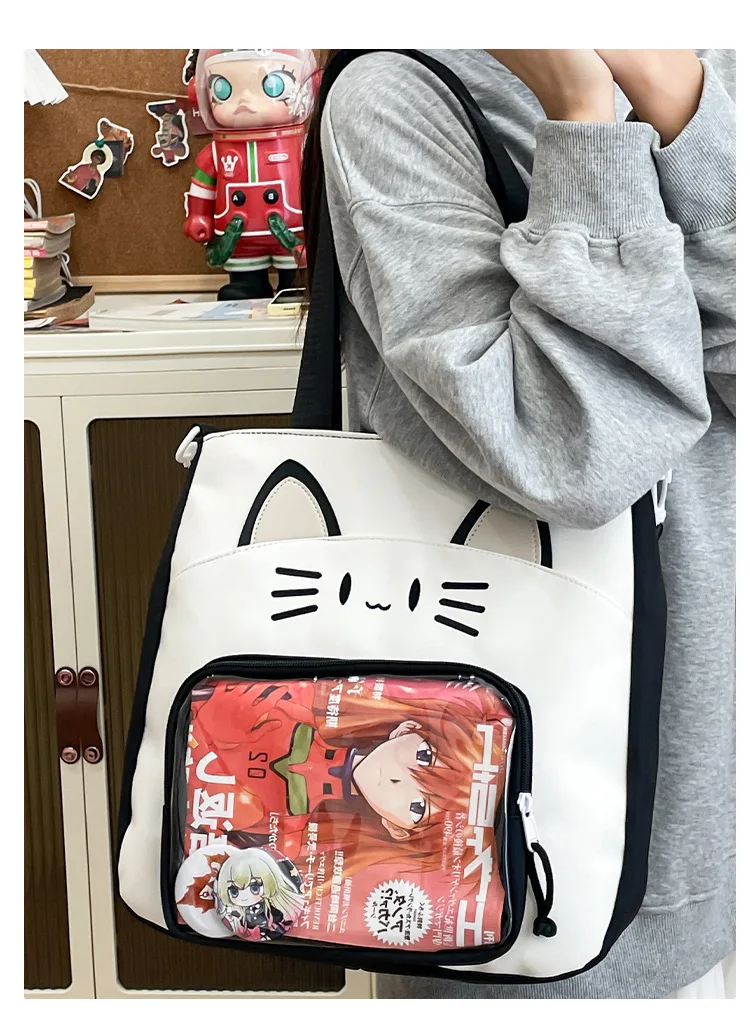 Y2K Nette Katze Ita Schulter Tasche Große Kapazität Frauen Casual Umhängetasche Kawaii Mädchen Transparente Tasche DIY Display Nylon Handtasche – Detail 12