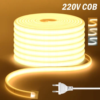 220V หรี่แสงได้ COB LED Neon Strip Light สวิตช์หรี่ไฟชุดปลั๊กกันน้ํา 288 LED Flex Tube โคมไฟสูง Bright WARM/สีขาวธรรมชาติ 1
