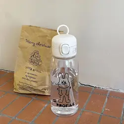 Large Capacity Portable Plastic Water Bottle with Straw - Cartoon Design, Drop Resistant - 0.6L (Rabbit)
